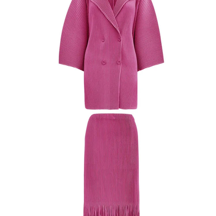 LANMREM Fashion Pleated 2 Piece Set Women Double Breasted Blazer Tassel Design Skirt Solid Color Spring New Clothing 32C701