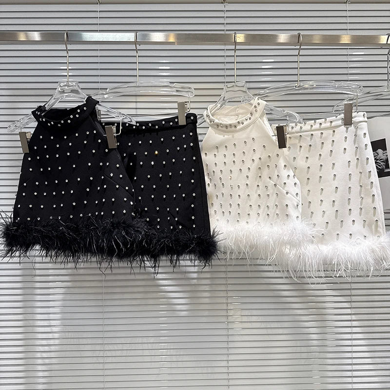 Winter New Fashion Rhinestone Feather Edge Halter Vest For Women Wrapped Hip A-line Skirt Female Trend 11A07864