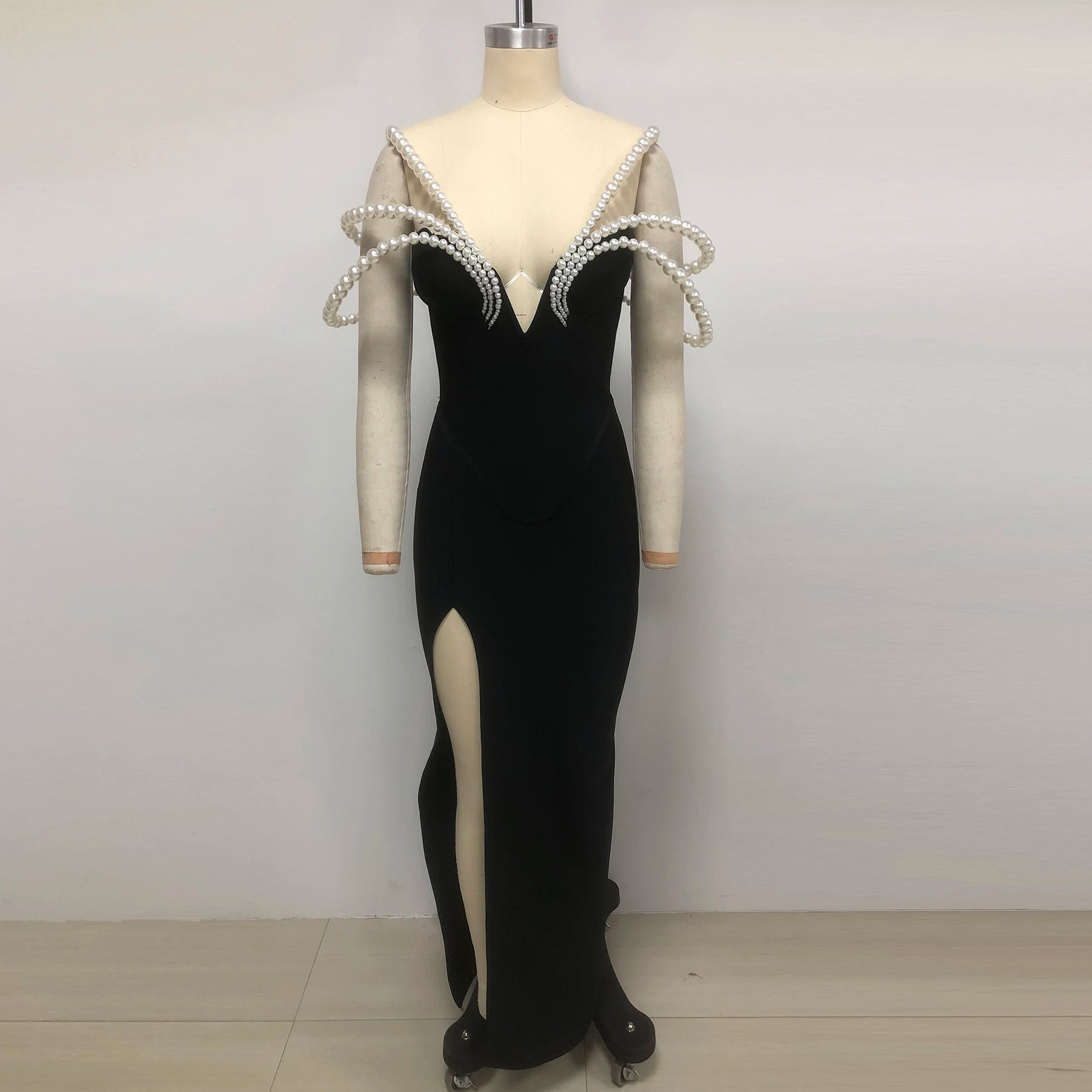 Women Sexy Strapless Big Pearl Beading Bodycon Long Bandage Dress Celebrate Evening Party Red Carpet Fashion Outfit