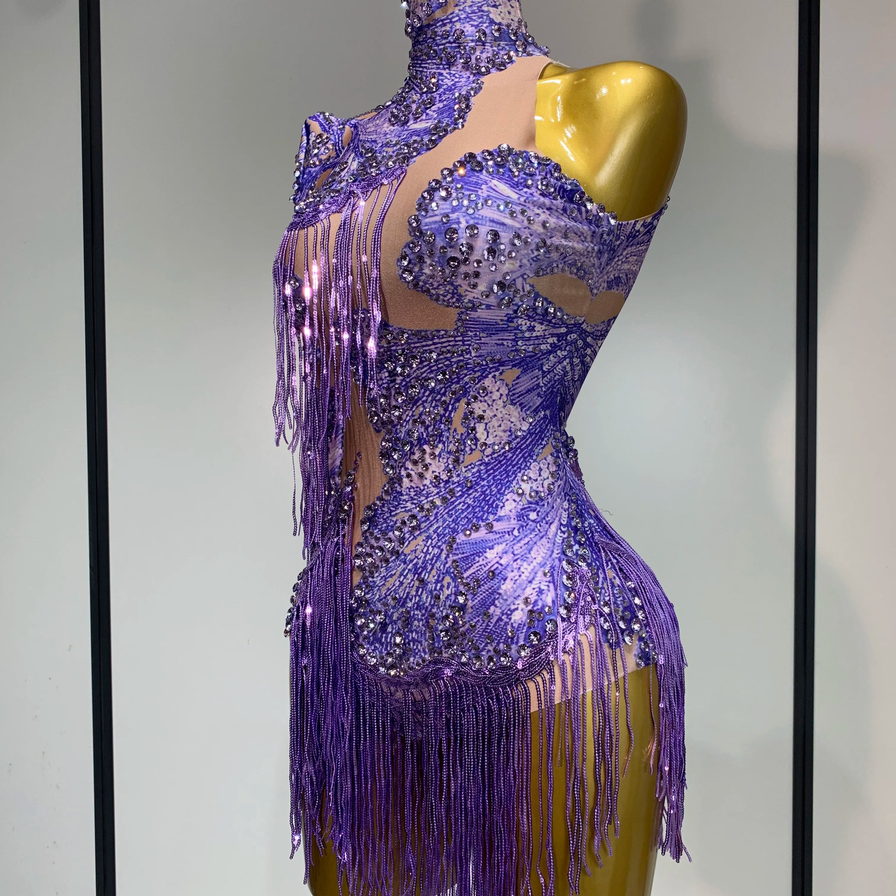 Sexy Sparkly Purple Rhinestones Tassel One Shoulder Sleeve Mini Dress Evening Party Birthday Nightclub Stage Performance Outfit