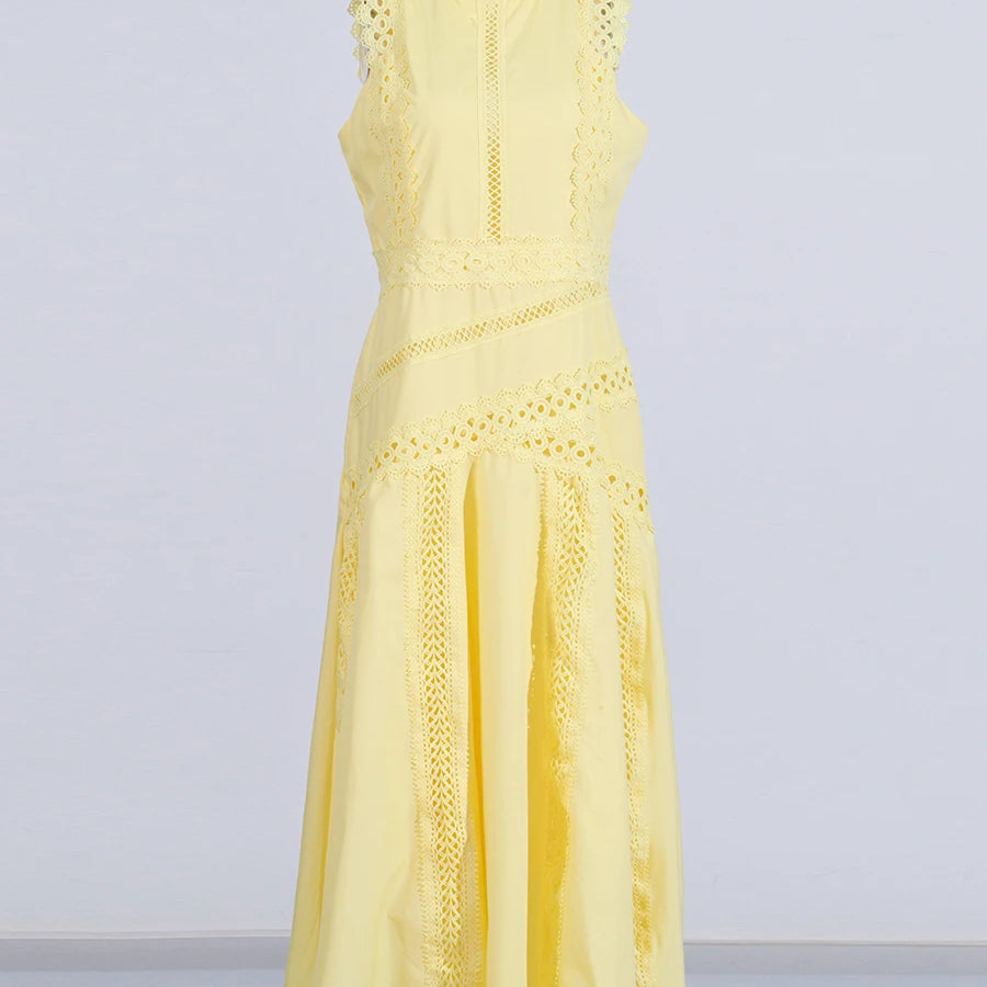 Solid Slimming Spliced Hollow Out Dresses for Women Round Neck Sleeveless Patchwork Lace Dress Female Clothing New YELLOW
