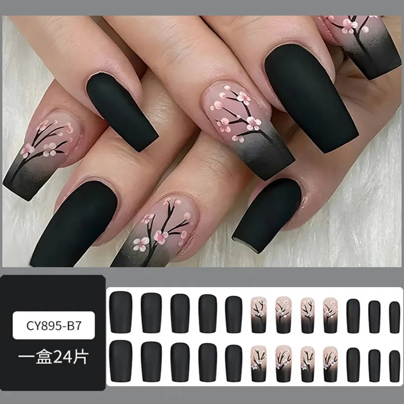 Square Fake Nails for Women DIY Pink Plum Blossom Designs French Press On Nails Wearable Full Cover False Nails for Party CF33 895