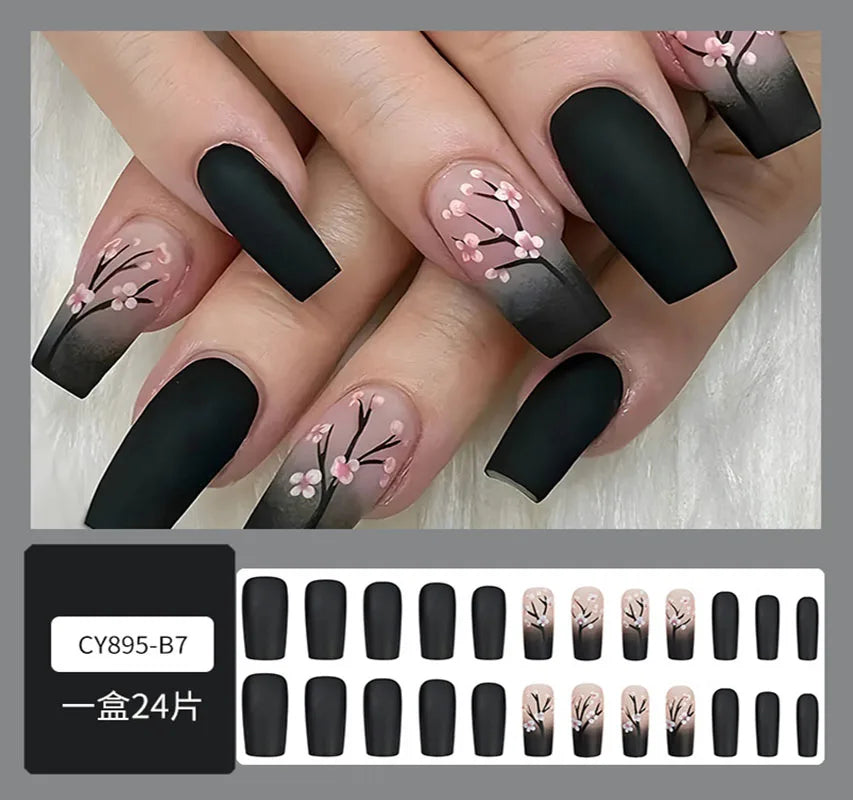 Square Fake Nails for Women DIY Pink Plum Blossom Designs French Press On Nails Wearable Full Cover False Nails for Party CF33 895