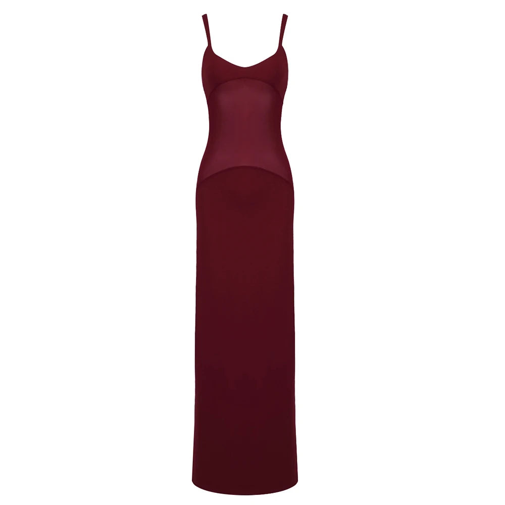 Burgendy See Through Mesh Patchwork Long Dress 2025 Summer Backless Skinny Tight Maxi Bodycon Cocktail Party Wear Vestidos Claret