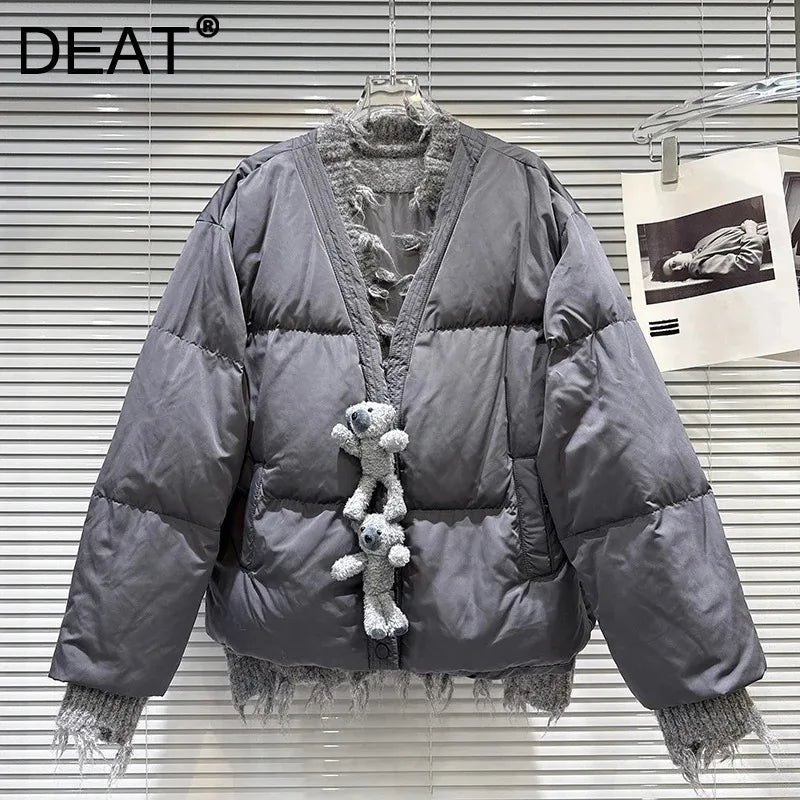 Winter New Sweet Fashion Button Knitted Collar Warm Jacket For Women Loose V-neck Loose Cotton-padded Coat 11A07666