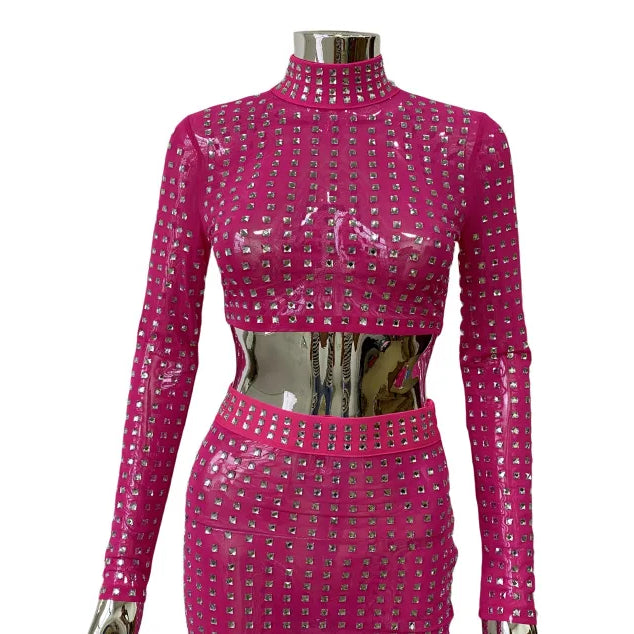 STOCK Sparkling square Diamonds Sexy Mesh See Through Top And Skirt Woman Fashion Set High Street Wear Evening Party Outfit Rose Red Top