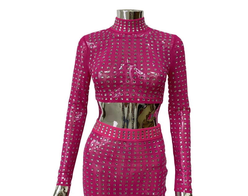 STOCK Sparkling square Diamonds Sexy Mesh See Through Top And Skirt Woman Fashion Set High Street Wear Evening Party Outfit Rose Red Top