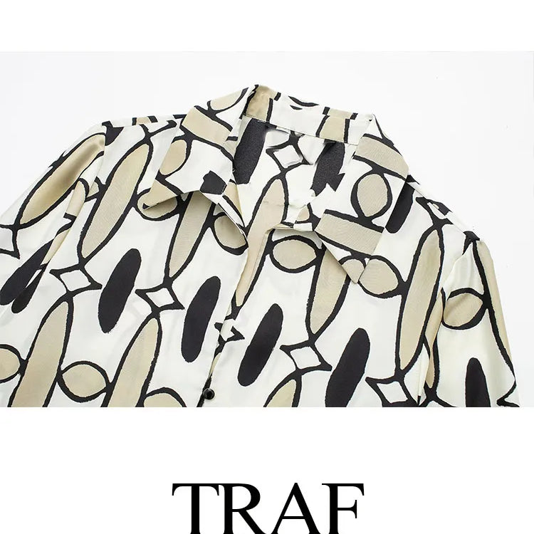 TRAF Women 2 Pieces Set Casual High Waist Pockets Elastic Waist Wide Leg Pant+Chic Printed Lapel Long Sleeve Shirt Blouse