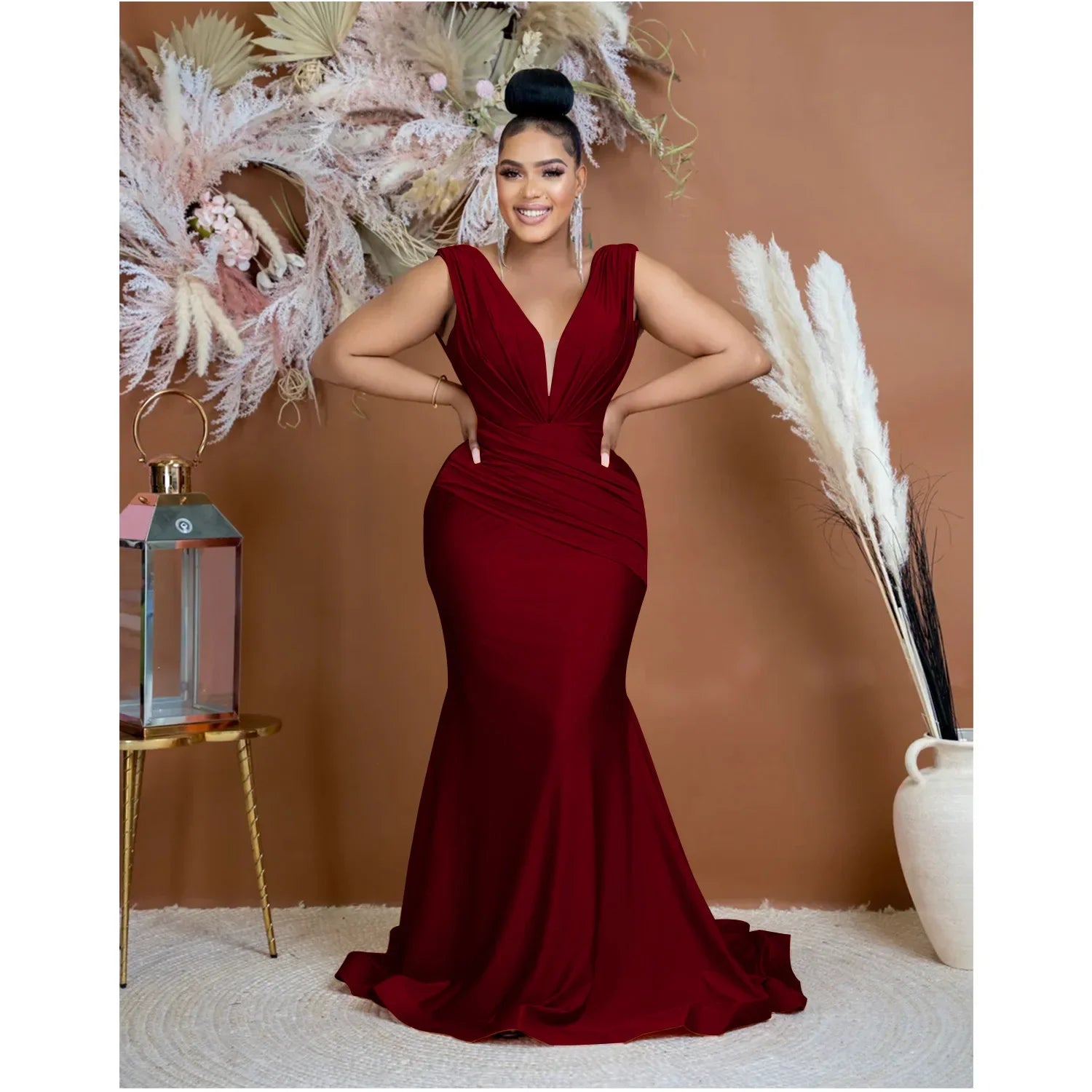 Women Draped Waist Shoulder Sleeveless Deep V-neck Maxi Long Trumpet Mermaid Dress 2023 Club Sexy Party Evening Dresses Claret