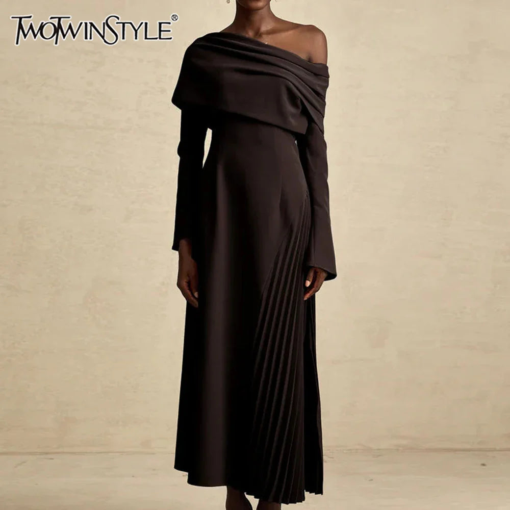 Solid Slimming Temperament Midi Dresses for Women Diagonal Neck Long Sleeves Minimalism Dress Female Clothing New