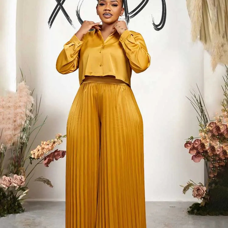2 Piece Sets Women Outfit Luxury Elegant Autumn Long Sleeve Button Top and Pleated Pants Set Casual Ladies Clothes Plus Size