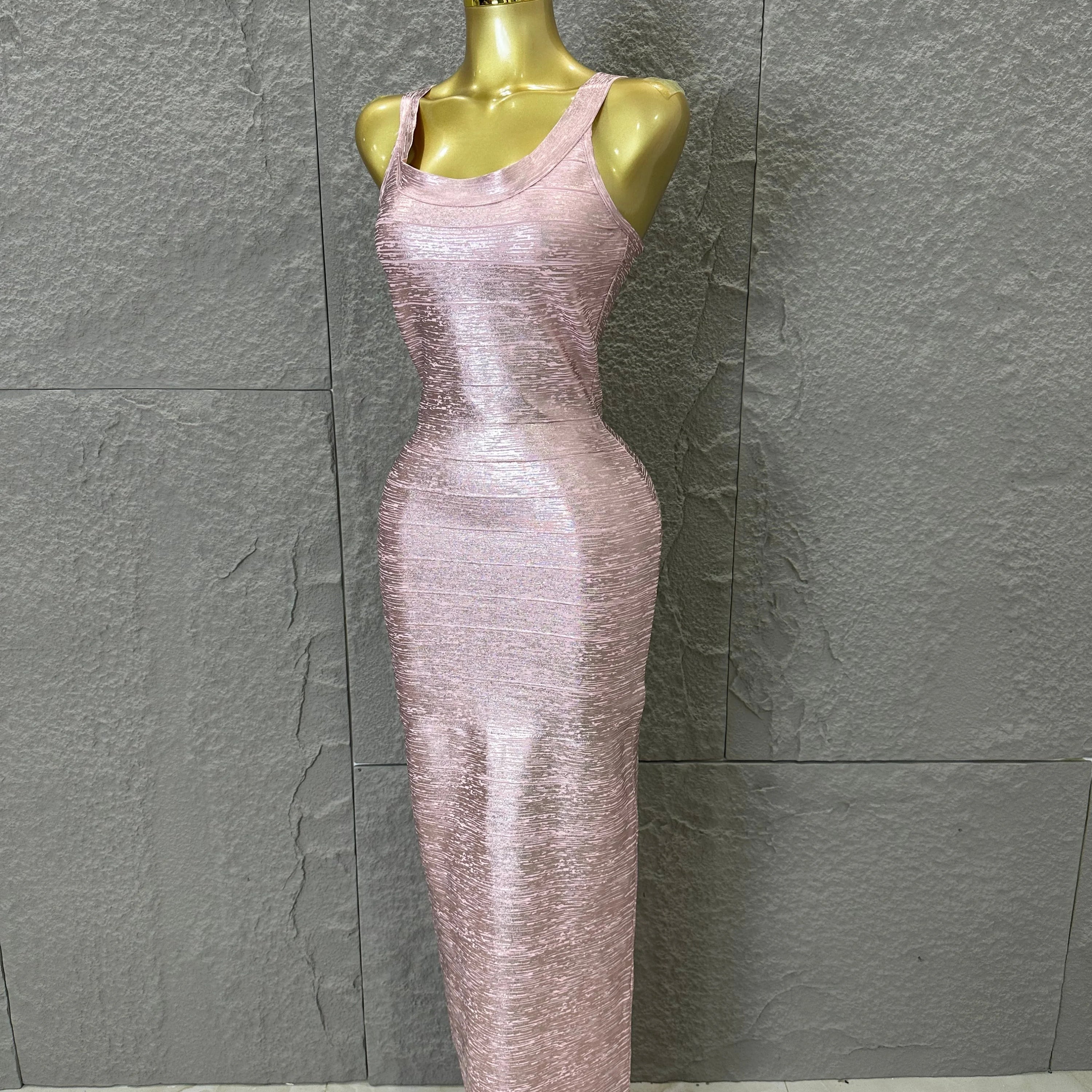 Elegant Pink Square Neck Maxi Dress Women Sexy Sleeveless Metallic Shimmer Form-Fitting Bandage Outfit Cocktail Party Costume