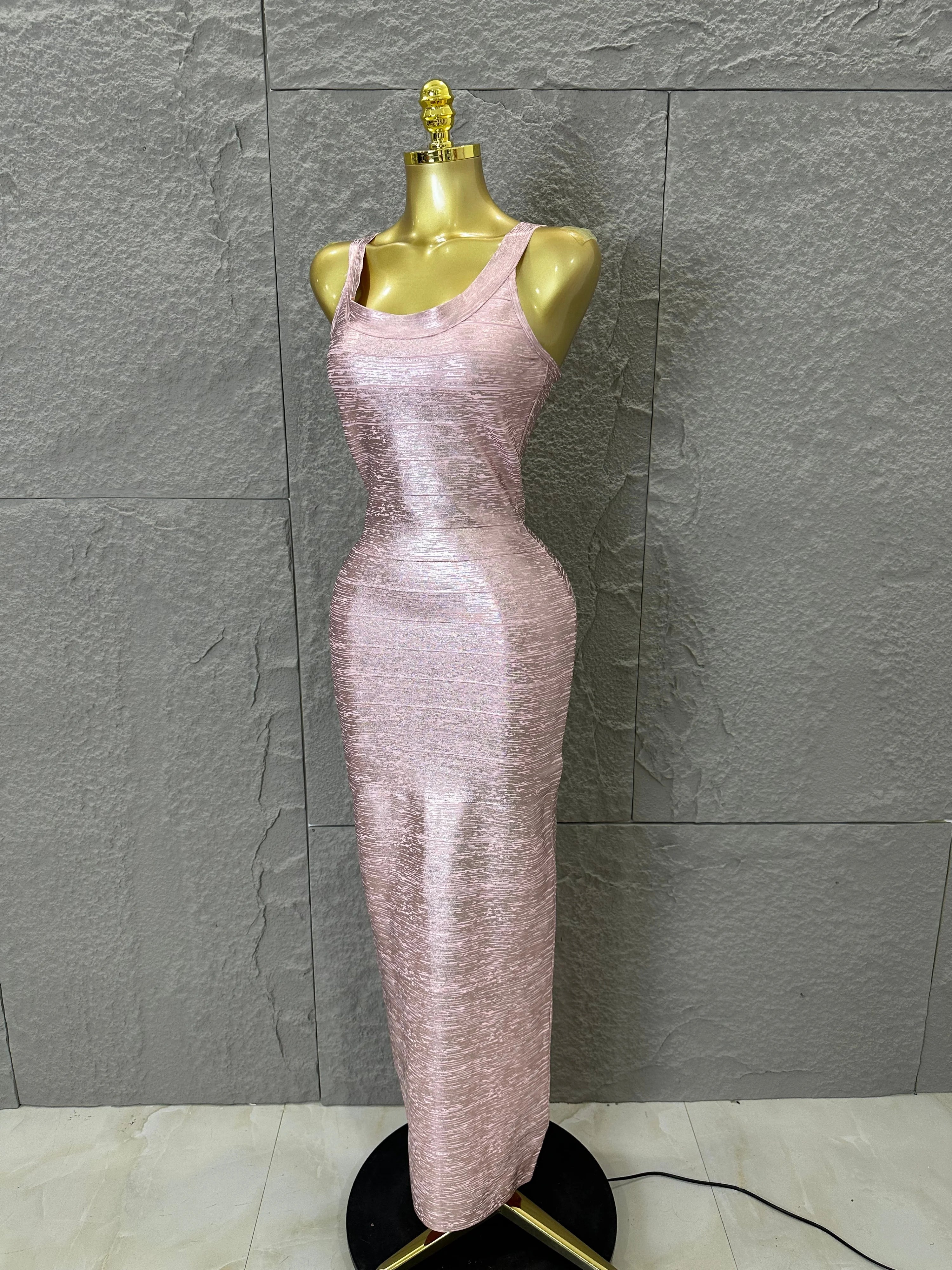Elegant Pink Square Neck Maxi Dress Women Sexy Sleeveless Metallic Shimmer Form-Fitting Bandage Outfit Cocktail Party Costume