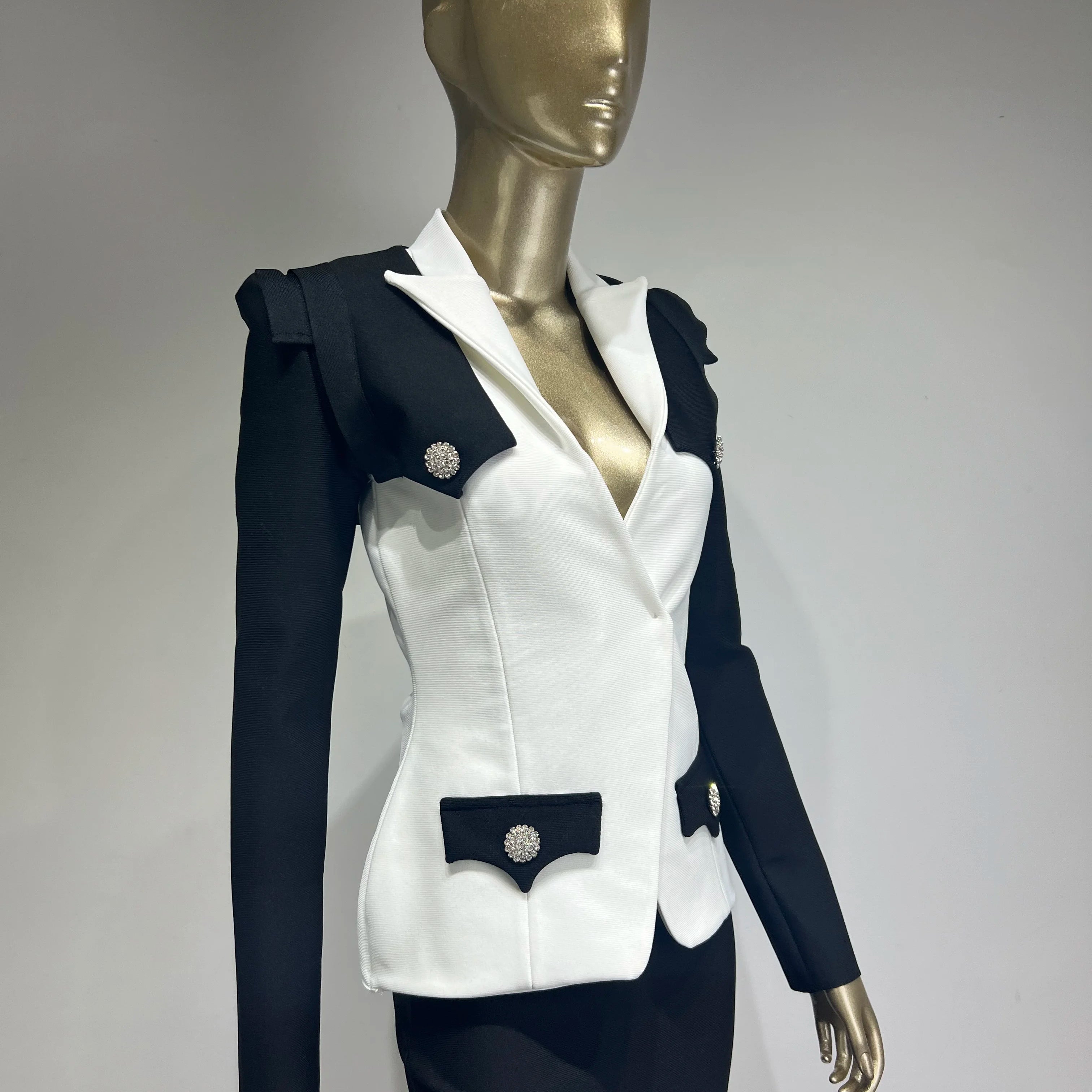 Runway Winter Sexy Long Sleeve Button Black White Women Bandage Coat 2024 High Street Celebrity DNight Club Party Jackets