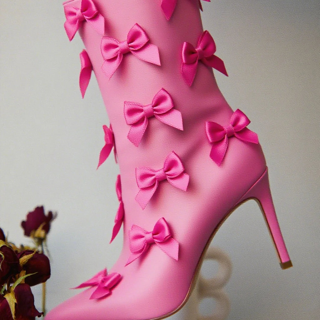 White Satin Butterfly-Knot Boots Pointed Toe Mid Calf Botas Stiletto Shoes Gentle Concise Autumn Winter 2025 Women Dress Zapatos