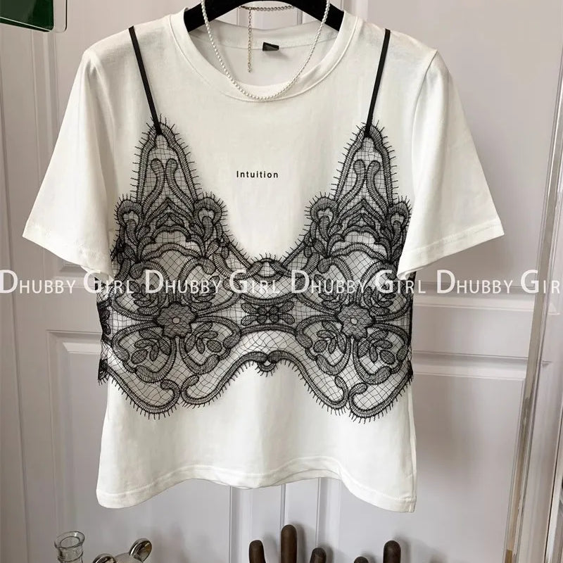 Summer Tshirts Women Fake Two Piece Chest Lace Stitching T-Shirt Fashion Tops Ladies Chic T-Shirt Female Short Sleeve Casual Tee