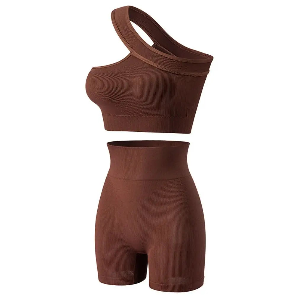 2Pcs Seamless Women Workout Sets Casual High Waist One Shoulder Yoga Outfits Tank Tops Ribbed Sports Bra Gym Coffee