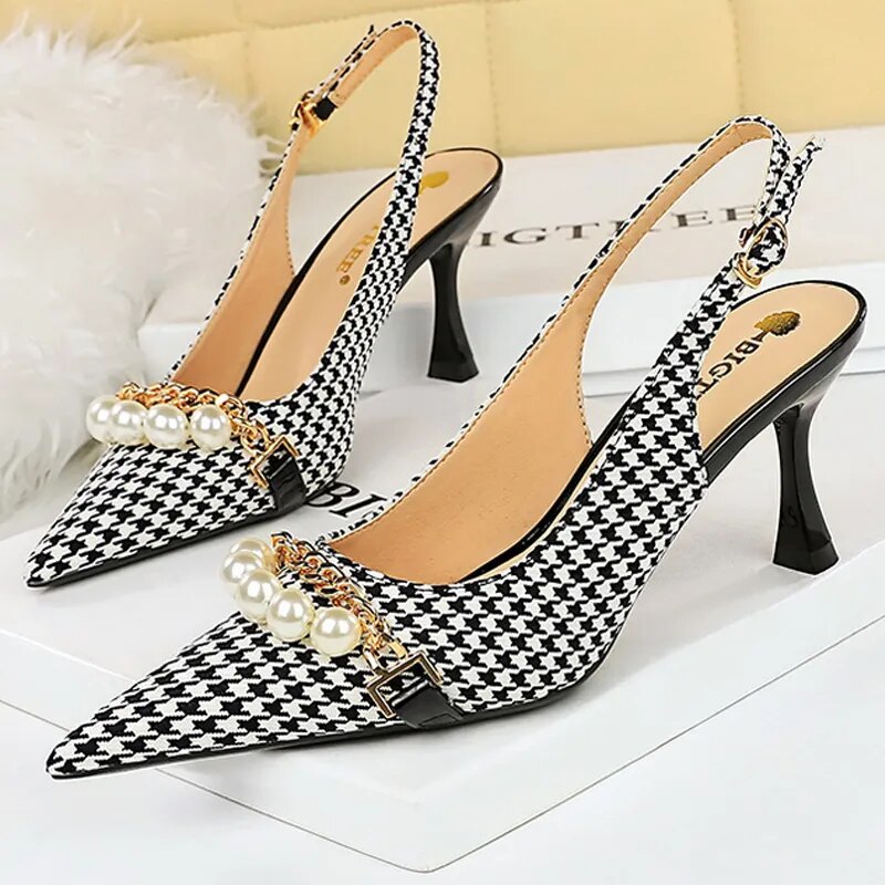 Spring Women Pumps Pearl Metal Chain High-heels Checked Grain Stilettos Women's Heels Luxury Banquet Shoes 43