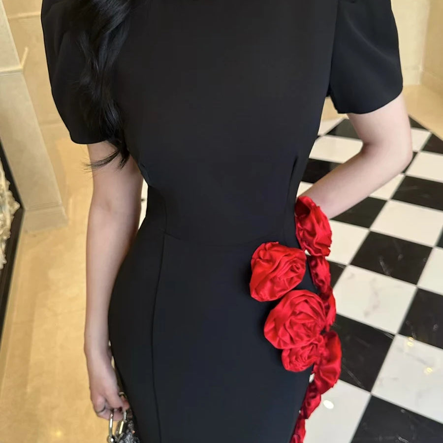 Hit Color Slimming Spliced 3D Flower Elegant Dresses for Women Round Neck Short Sleeves Dress Femlae Clothing New