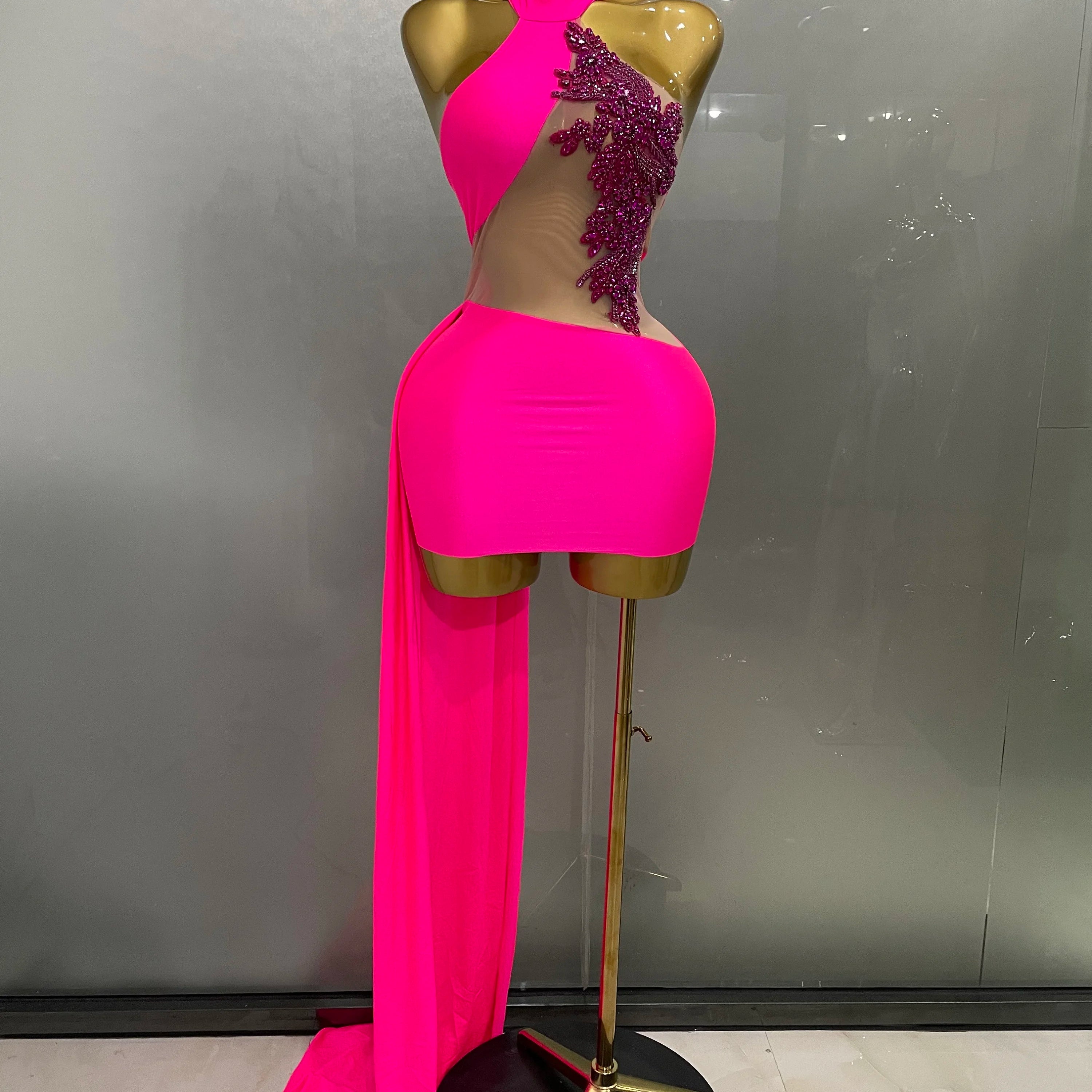 Sexy Sparkly Beaded Mesh See-Through Backless Cocktail Short Dress 2025Women Evening Prom Celebrate Birthday Party Stage Costume Rose Red