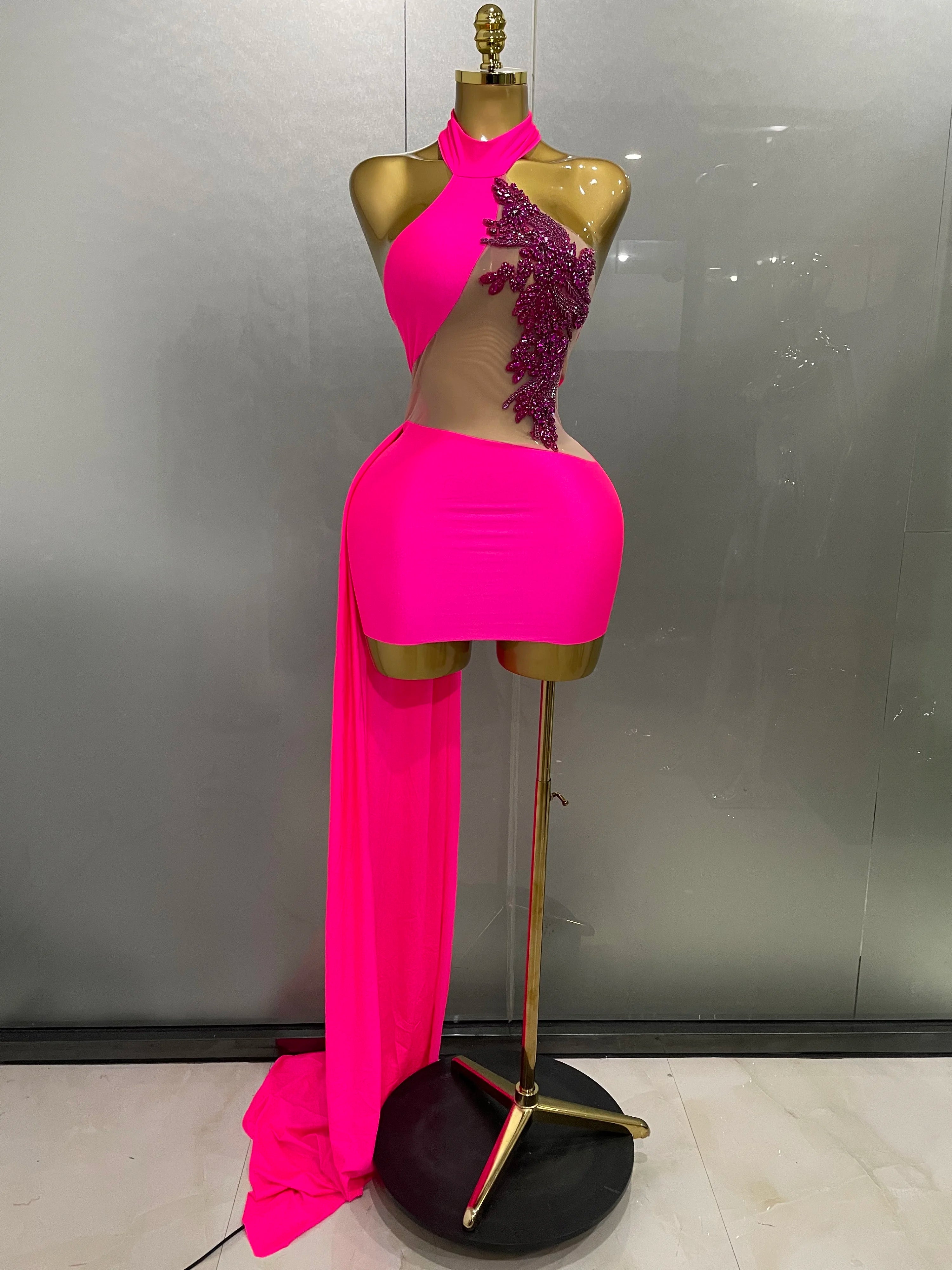 Sexy Sparkly Beaded Mesh See-Through Backless Cocktail Short Dress 2025Women Evening Prom Celebrate Birthday Party Stage Costume Rose Red