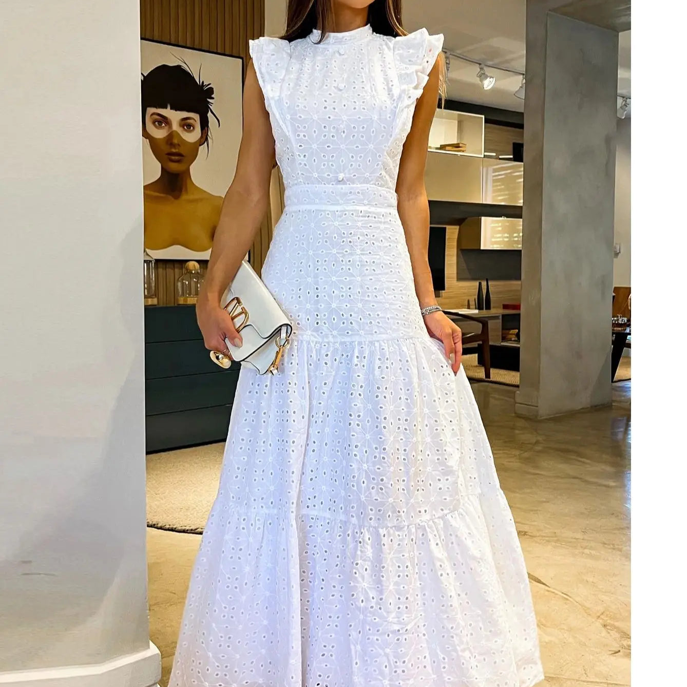 Bohemian Solid Hollow Out Elegant Women Dress O Neck Flying Sleeve Button Long Dress Summer Chic Casual Beach Women Clothing PI23476W1