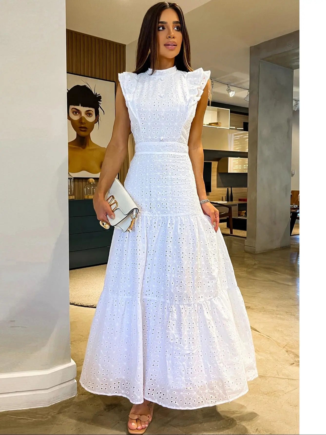 Bohemian Solid Hollow Out Elegant Women Dress O Neck Flying Sleeve Button Long Dress Summer Chic Casual Beach Women Clothing PI23476W1