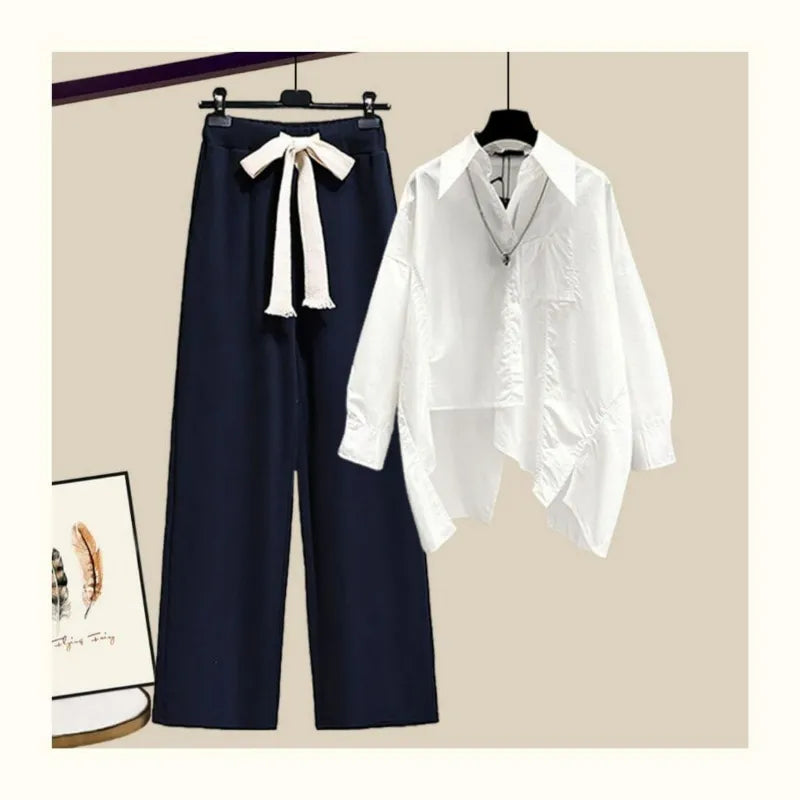 Two Piece Set for Women Shirt + Wide Leg Pant Sets Long Sleeve Korean Outfit Button Tracksuit 2024 Patchwork Fashion Autumn Suit
