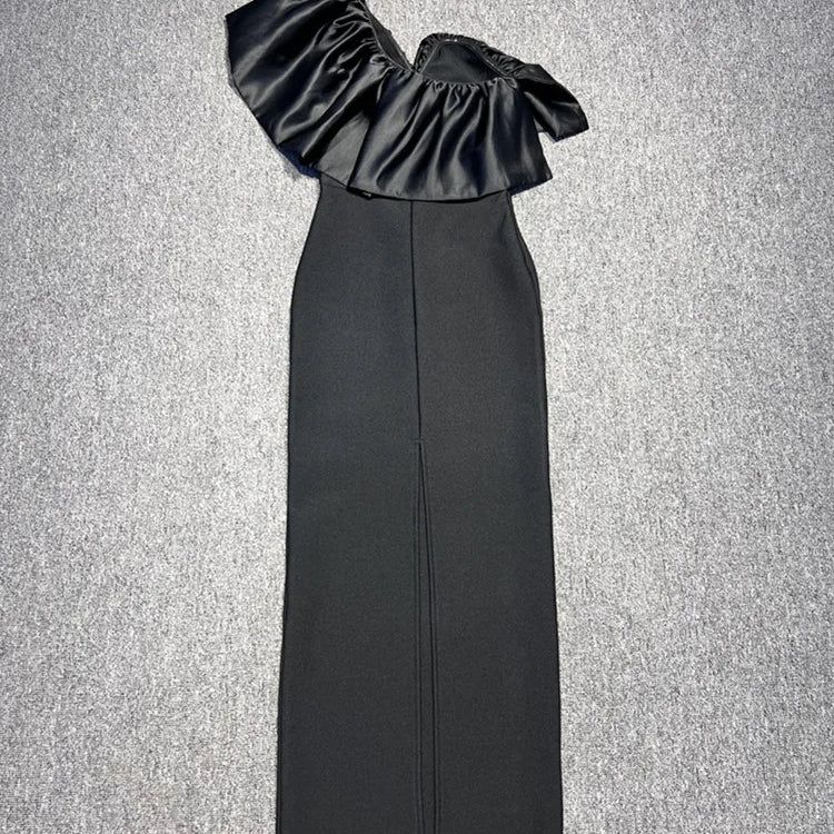 New Women Sexy One Shoulder Ruffles Black Maxi Long Bodycon Bandage Dress 2024 Elegant Evening Club Party Dress