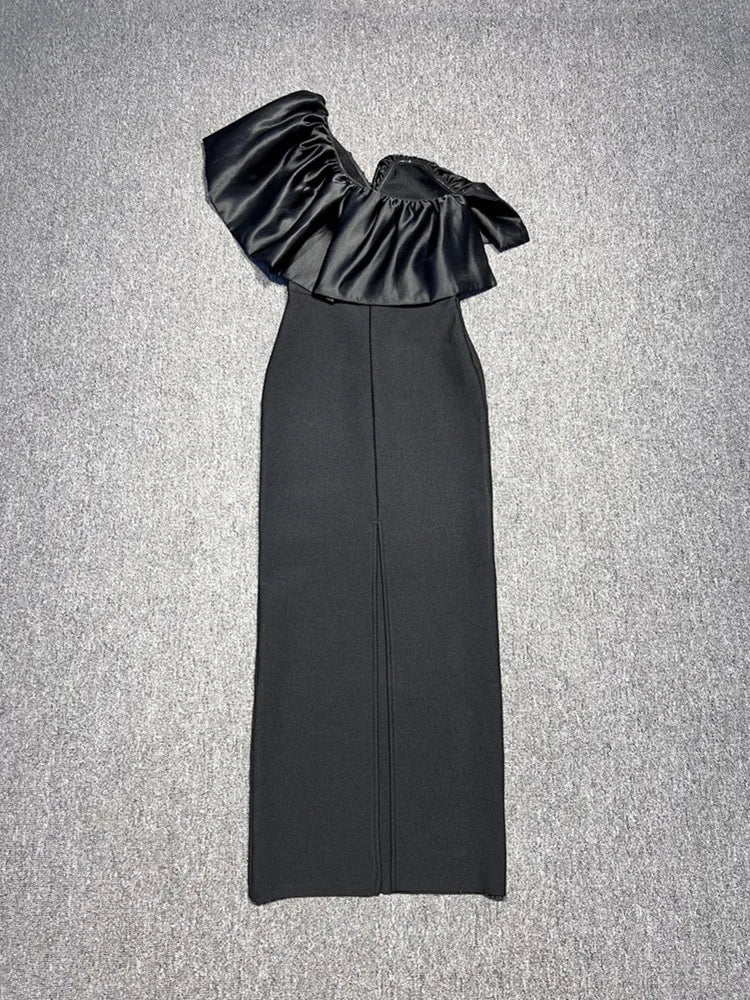 New Women Sexy One Shoulder Ruffles Black Maxi Long Bodycon Bandage Dress 2024 Elegant Evening Club Party Dress