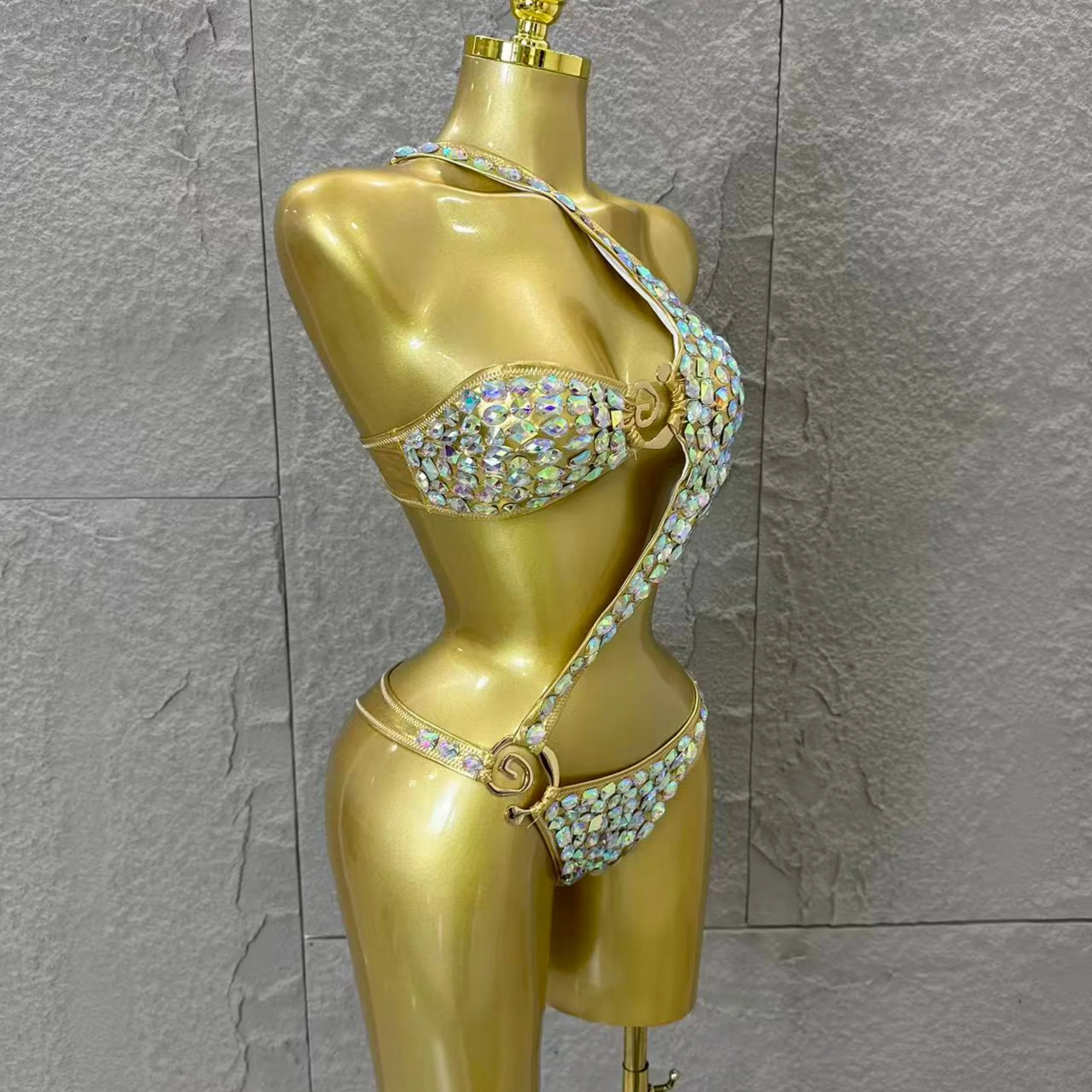 Women Sexy 2026 Luxurious Black Bodysuit Halter Neck Iridescent Crystal Embellished Cutout Outfit Stage Performance Costume