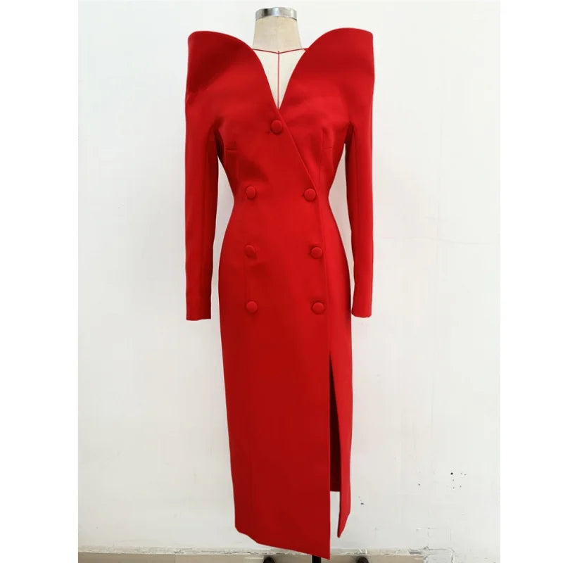 Black Red Color Women Long Sleeve Sexy Off the Shoulder Bodycon Mid-calf Evening Party Dress Celebrity Red Carpet Outfit Red