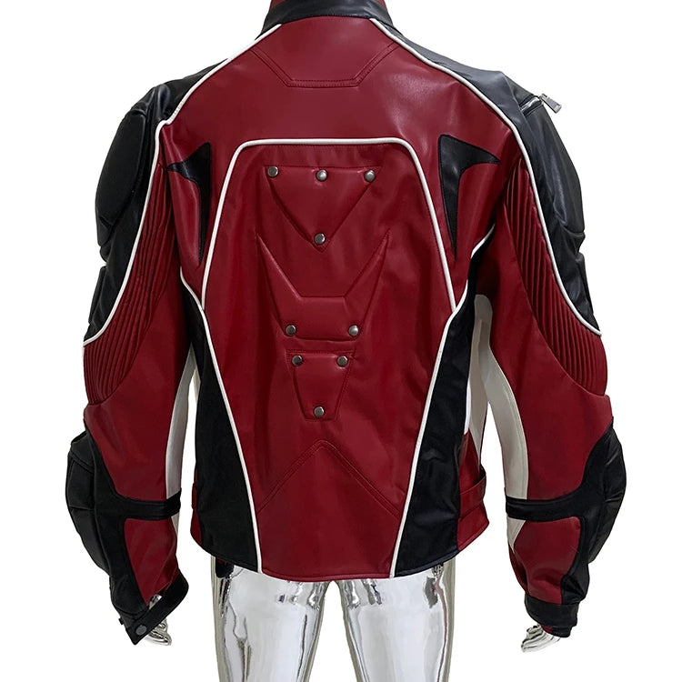 Mauroicardi Autumn Winter Cool Short Patchwork Pu Leather Racer Jacket Men Shoulder Pads Rivet Runway European Fashion Clothes