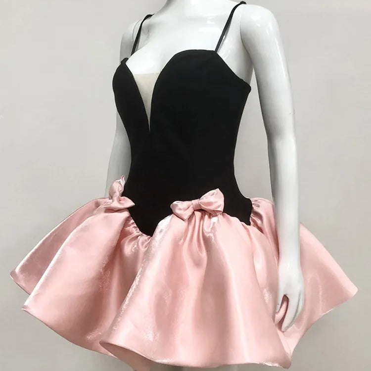 Women Celebrity Sexy Backless Ball Patchwork Pink Black Mini Gowns Dress 2025 Elegant Evening Party Club Vestido