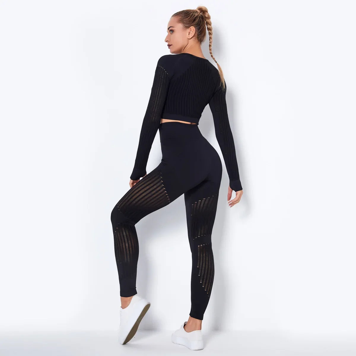 Xlwsbcr Hollow Out Seamless Yoga Set Sport Outfits Women Black Crop Top Bra Leggings Workout Gym Suit Fitness Sport Sets Black suit