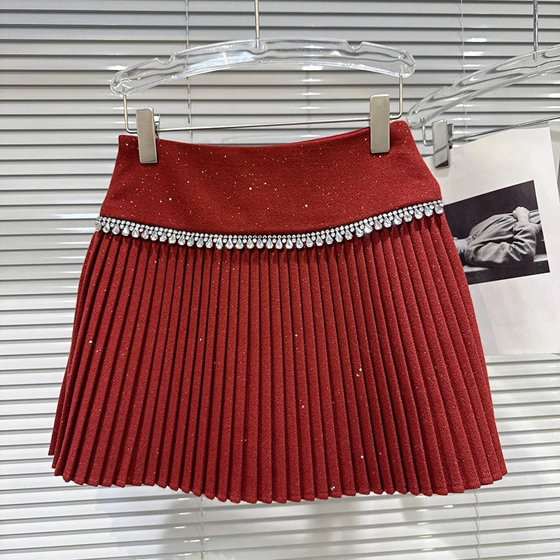 Winter New Heavy Industry Diamond Edge Woolen Solid Color Skirts For Women Versatile Pleated Skirt Female 11A07961 Wine