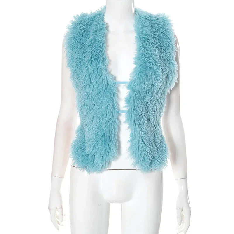 Women V-neck Sleeveless Tassel Tops Vests Coats 2025 Winter Fur Collar Halter Backless Keep Warm Wool Jackets Outcoat Blue