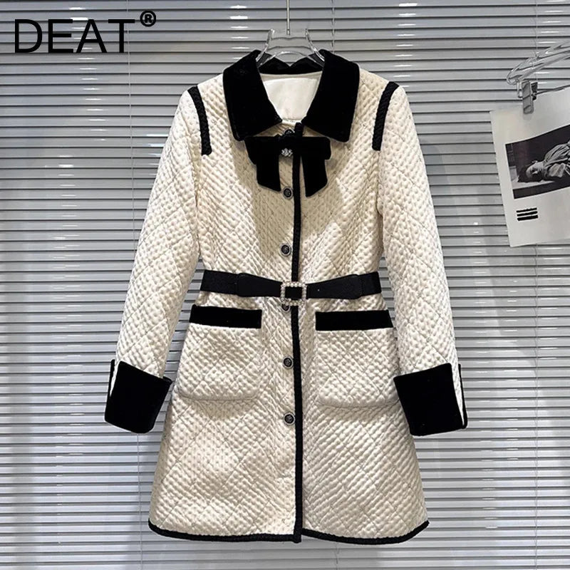 Winter New Fashion Velvet Bow Beaded Cotton Liner Long Trench For Women Elegant High-end Windbreaker Female 11A07766