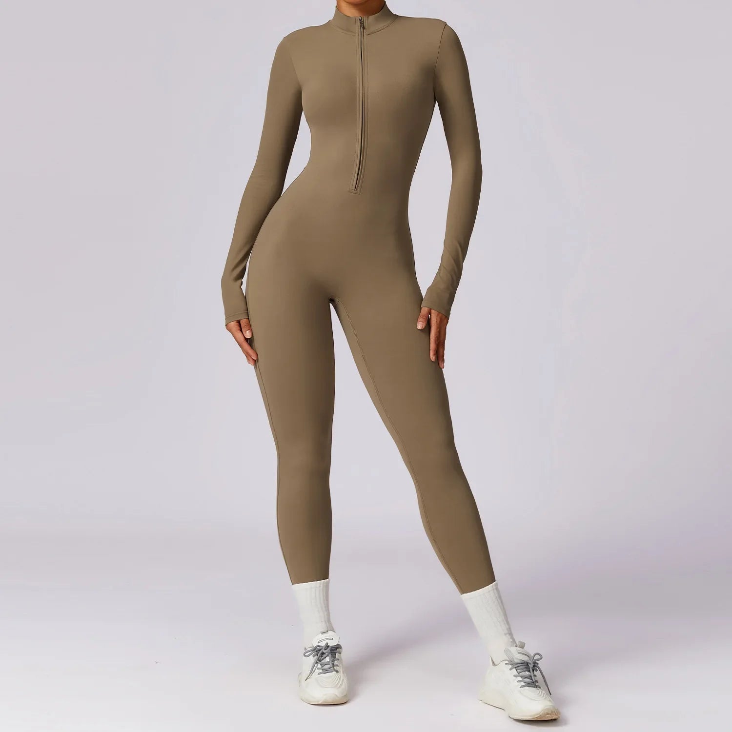 Yoga Jumpsuit Women Seamless Sports Zipper Jumpsuit Set Gym Long Sleeve Fitness Suit Elastic Gym Workout Bodysuit Athletic Wear Brown