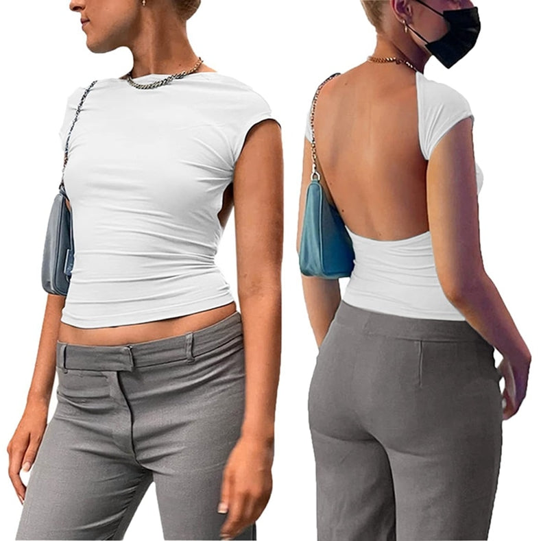Y2K Sexy Backless Crop Top Women Casual 2024 Summer Short Sleeve O Neck T Shirts Streetwear Fit Slim Pullovers Base Tees T-Shirt White
