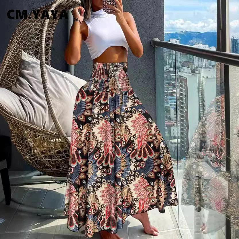 Women Fashion Bandanna Paisley Big Swing High Waist Maxi Skirt Streetwear 2024 Boho Vintage Casual Long Skirts
