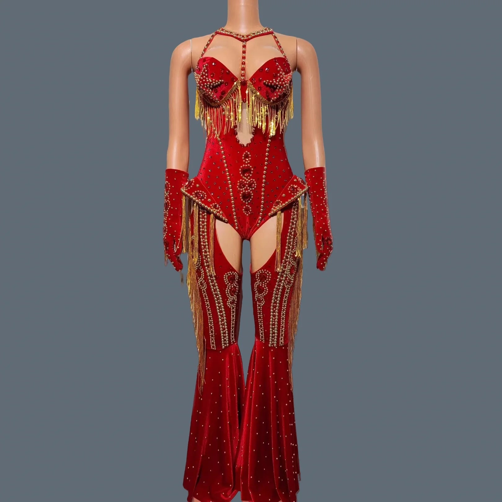 Sparkly Rhinestone Tassel Luxury Bodysuit 4Piece Set Cowboy Night Out Party Outfit Stage Show Jumpsuit Carnival Wear Hongding Simple style B