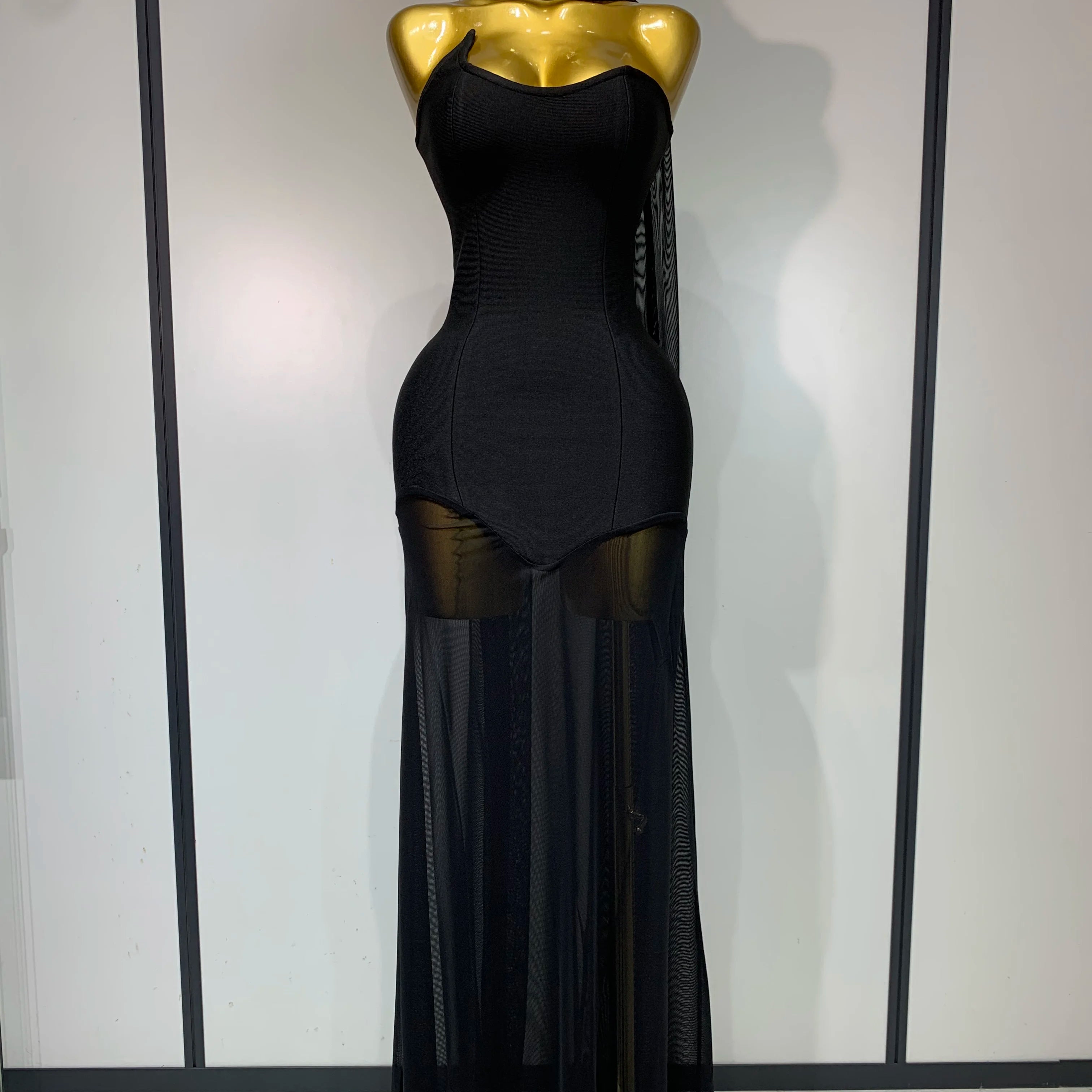 Women Sexy Strapless Mesh Patchwork Bandage Long Dress With Scarf 2025 Elegant Backless Maxi Dresses Celebrity Club Party Outfit black