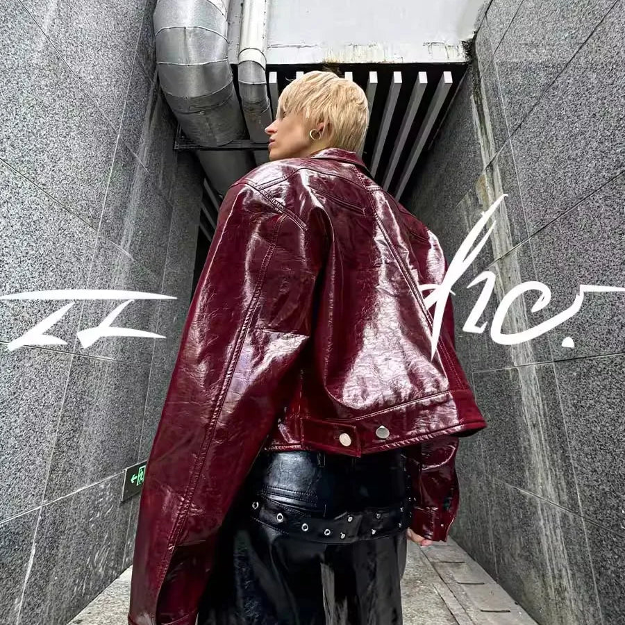 Lautaro Autumn Cool Short Oversized Pu Leather Jacket Women Shoulder Pads Zippper High Quality American Retro Punk Style Clothes burgundy