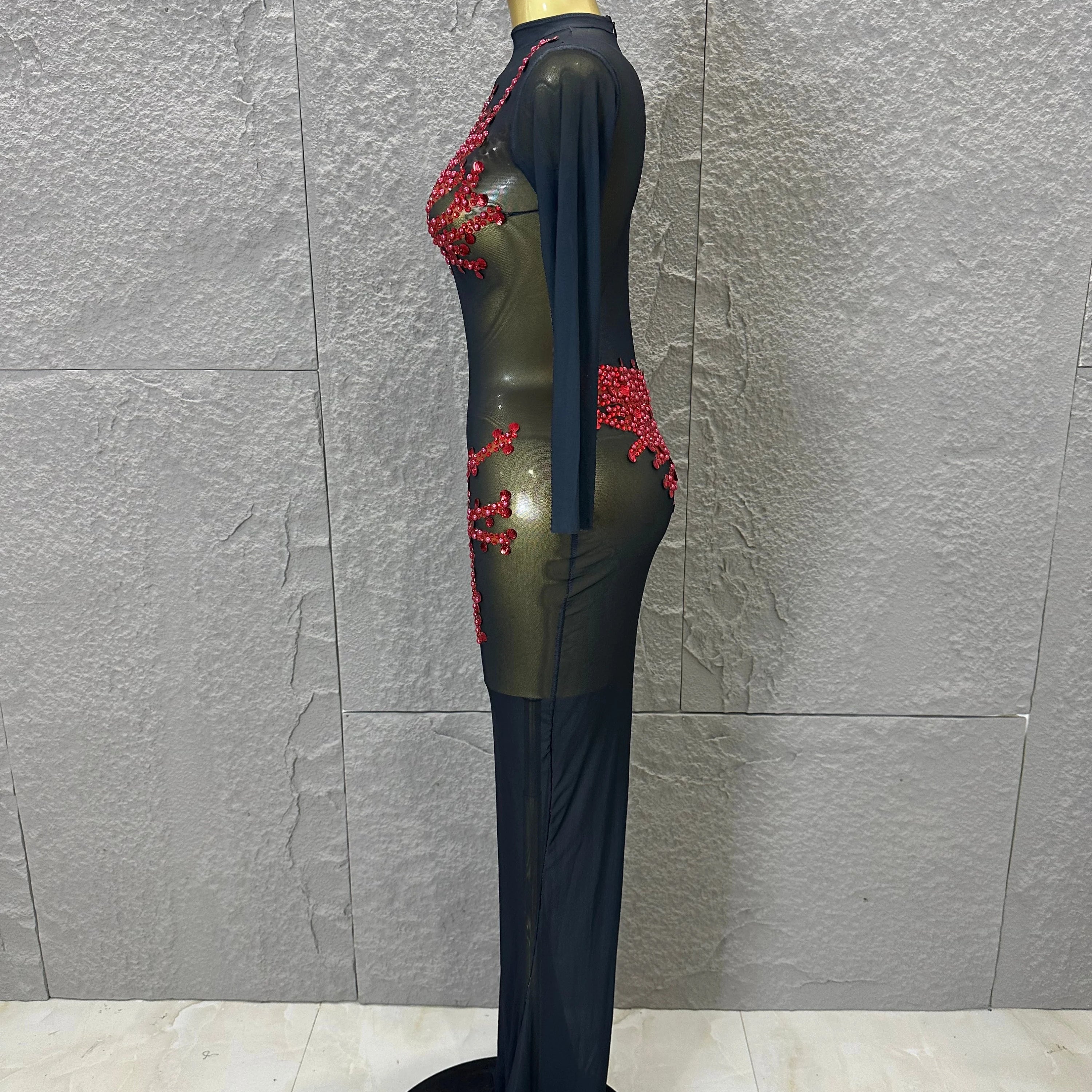 Sexy 2026 Black Sheer Mesh Maxi Dress Women Long Sleeve High Neck Red Rhinestone Embellished Bodycon Stage Costume