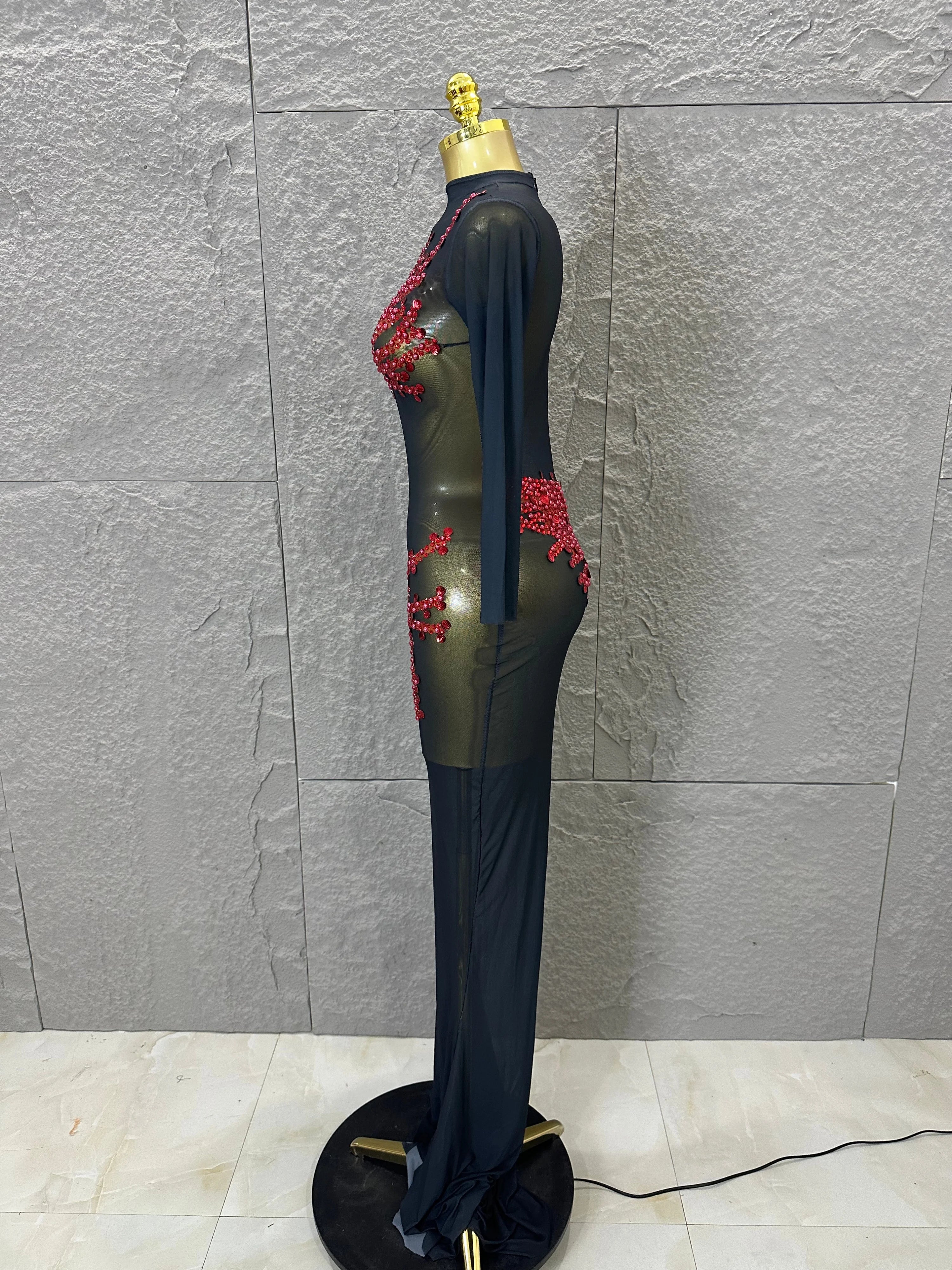 Sexy 2026 Black Sheer Mesh Maxi Dress Women Long Sleeve High Neck Red Rhinestone Embellished Bodycon Stage Costume