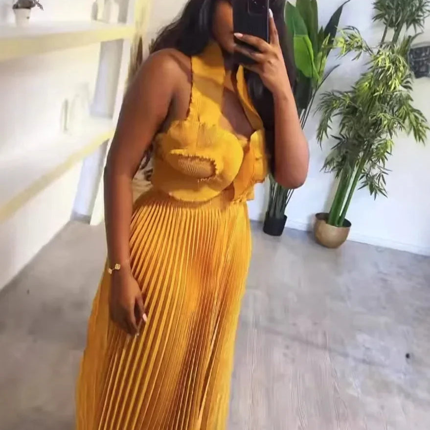 CM.YAYA Streetwear Women's Set Sleeveless Halter Crop Pleated Top+Wide Leg Pants Elegant 2024 Fall Party Two 2-Piece Set Outfits Yellow One Size
