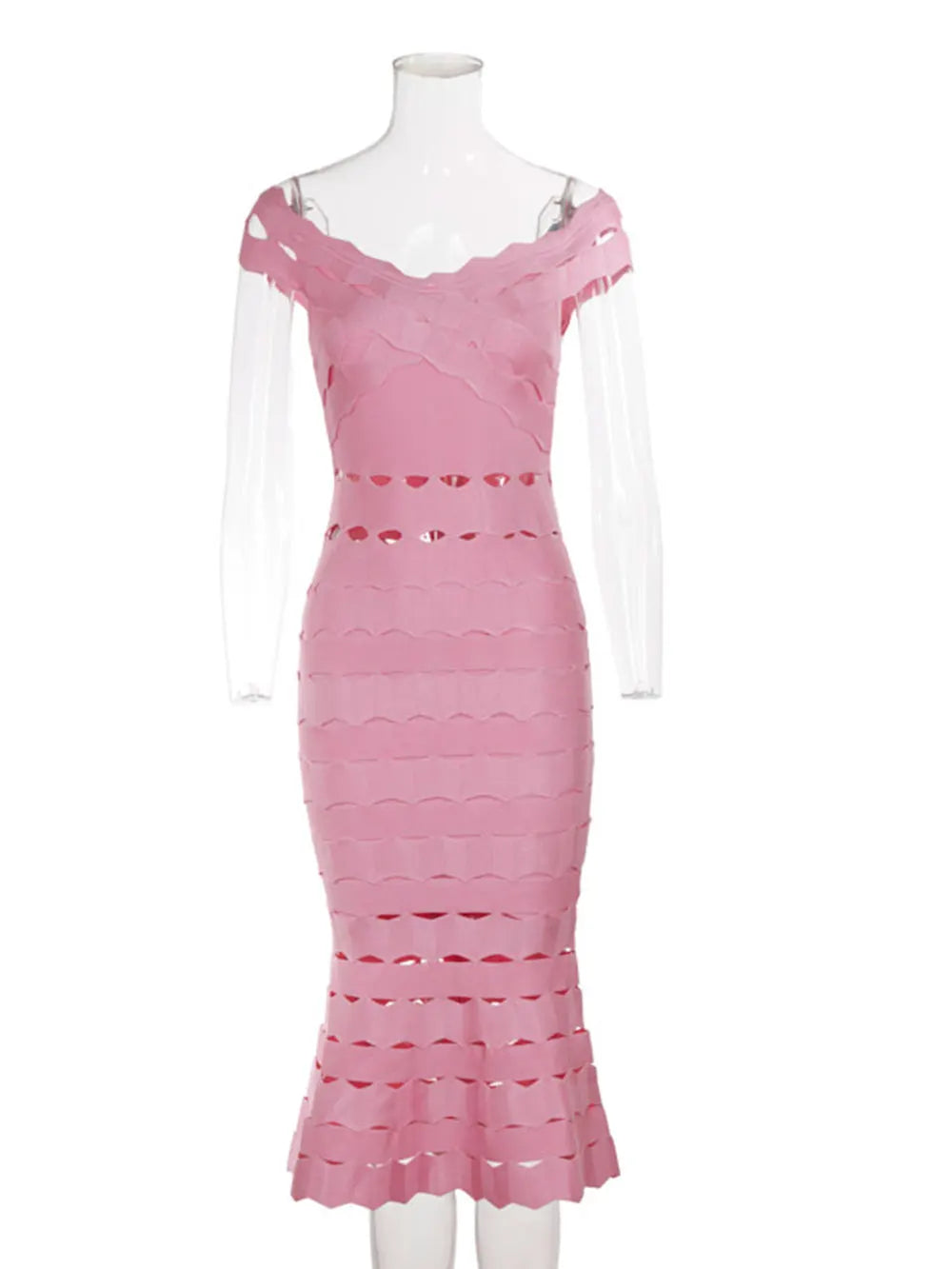 2025 Spring Sexy Women Hollow Cut Design Bandage Dress with One Collar Shoulders Bodycon Backless Midi Dress Club Party Vestidos Pink
