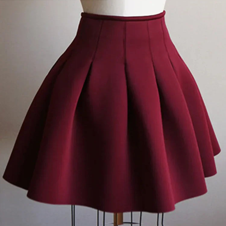 XFPV 2023 Autumn Winter New Arrivals Korean Solid Color Pleated Fluffy A-line Woolen High Waist Short Skirt Female SM956 Burgundy