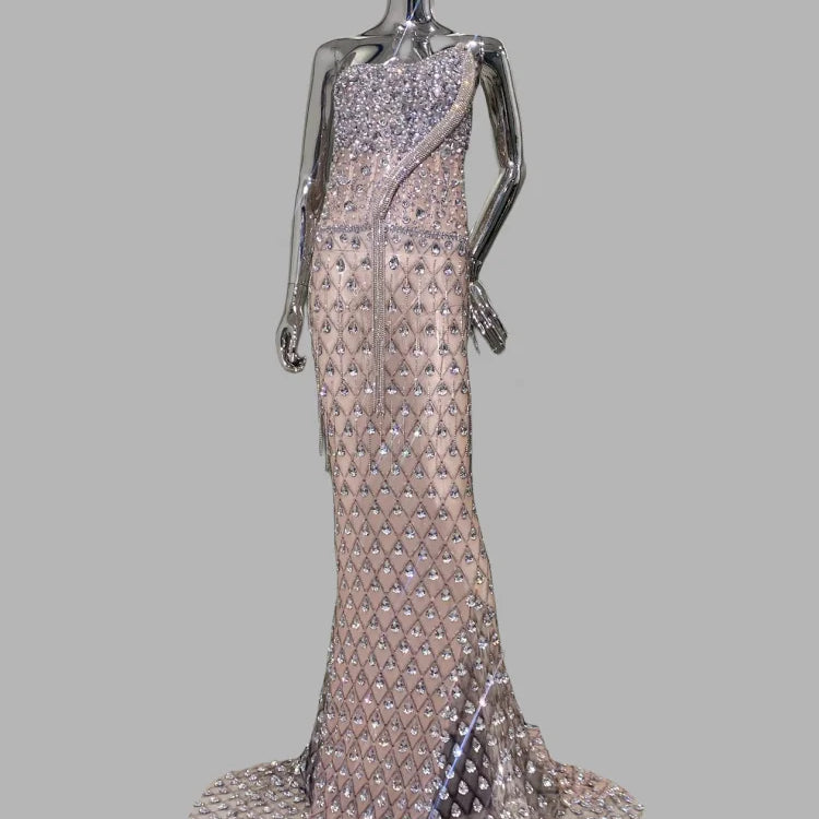 Super Shining Crystal Mesh See Through Floor Lenght Dress Woman Birthday Party Dress Stage Performances Costume